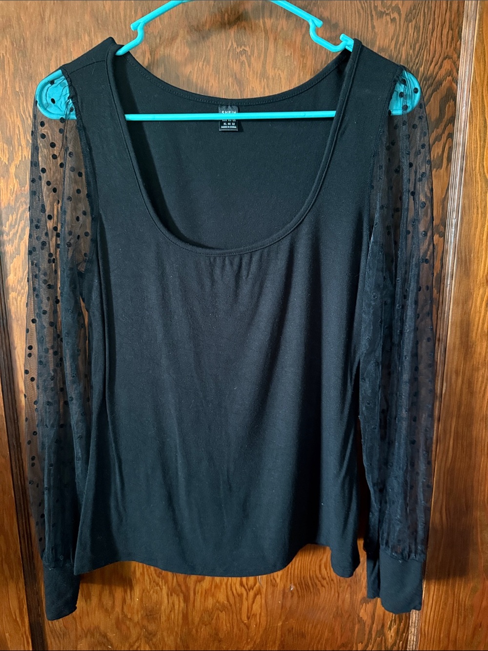 SHEIN Black Scoop Neck Long Sleeve Top with Sheer Polka Dot Sleeves
